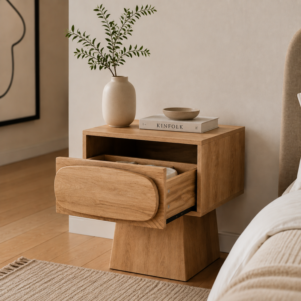 Sculptural Oak Nightstand with Drawer