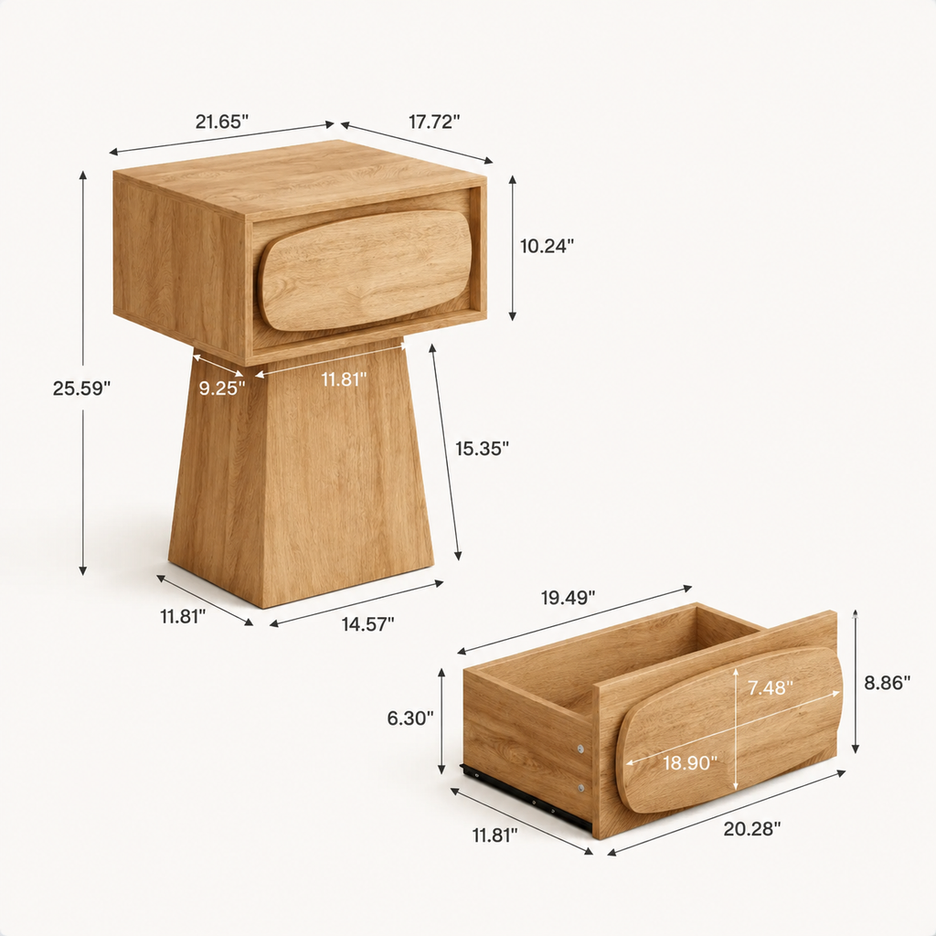 Sculptural Oak Nightstand dimensions diagram — 21.65 x 17.72 x 25.59 inches with drawer measurements
