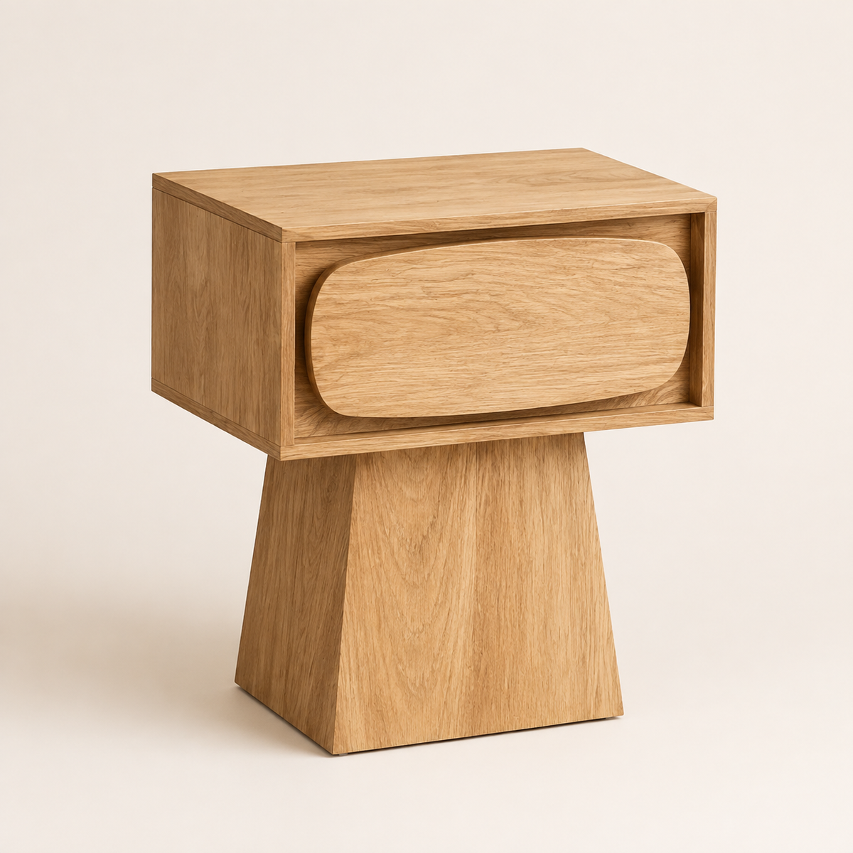 Sculptural Oak Nightstand product shot on neutral background — full view showing tapered pedestal base and oval drawer