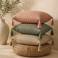 Japanese Linen Tassel Cushion Cover in Blush Pink, Sage Green and Natural — stacked lifestyle shot