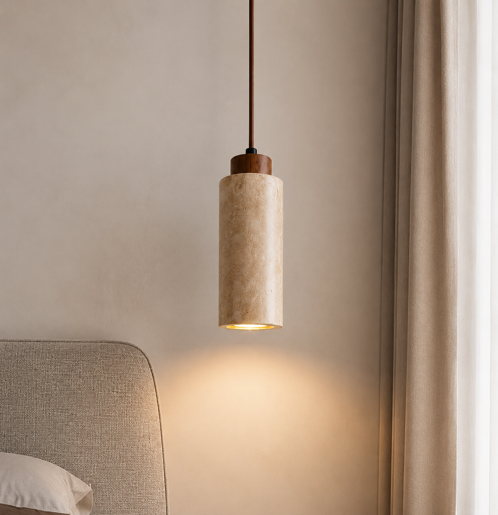 Travertine stone cylinder pendant light in bedroom setting