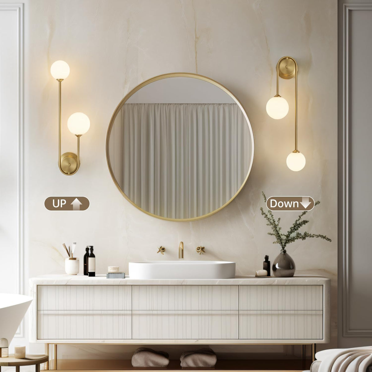 Golden Wall Lamp Double Ball, Mid-Century Modern Glass Wall Sconces,With G9 Tricolor Bulb for Living Room Bedroom Bedside Stairs Restaurant Bathroom Corridor Aisle Lighting(1Pack)