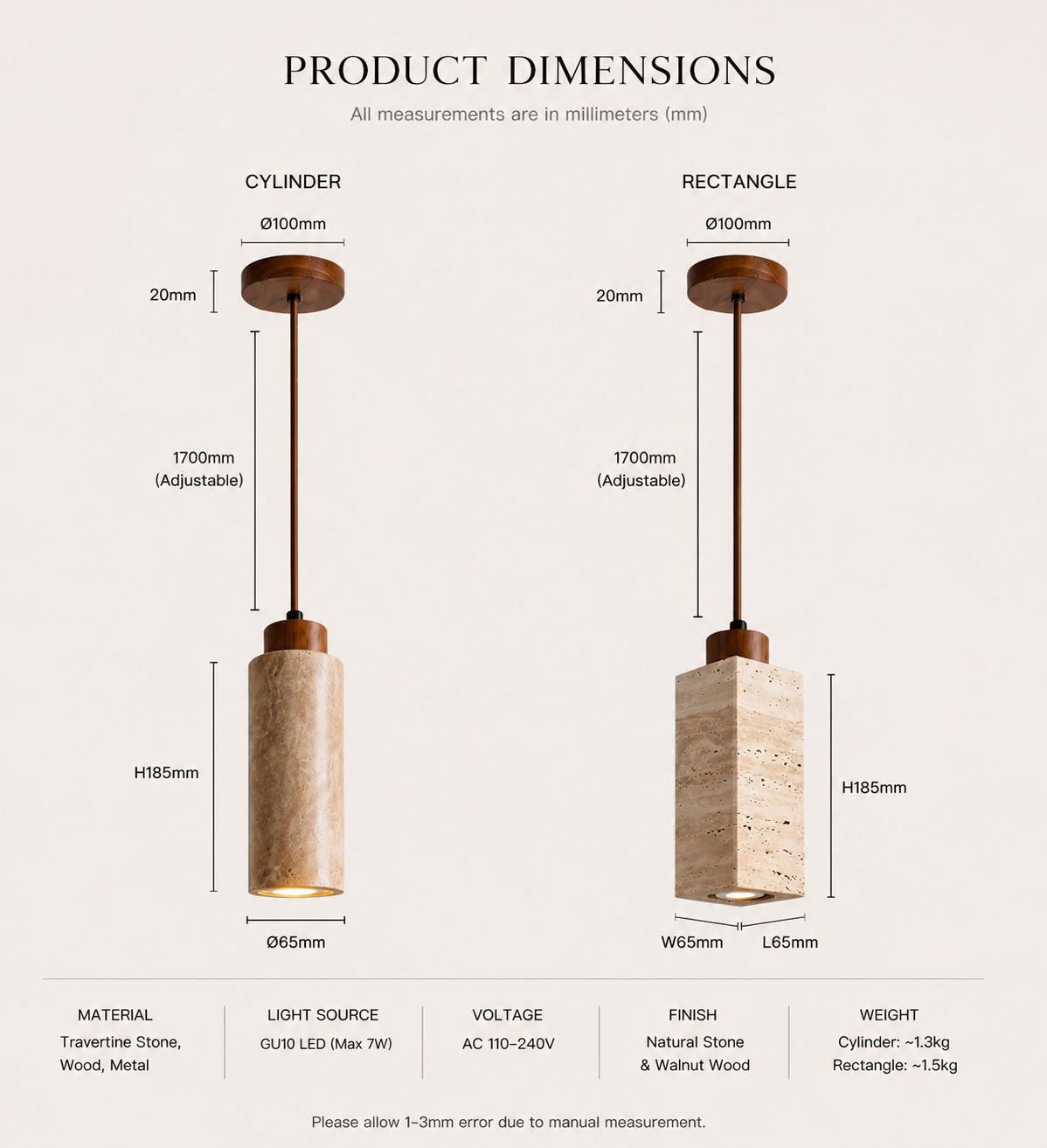 Product dimensions – cylinder and rectangle models