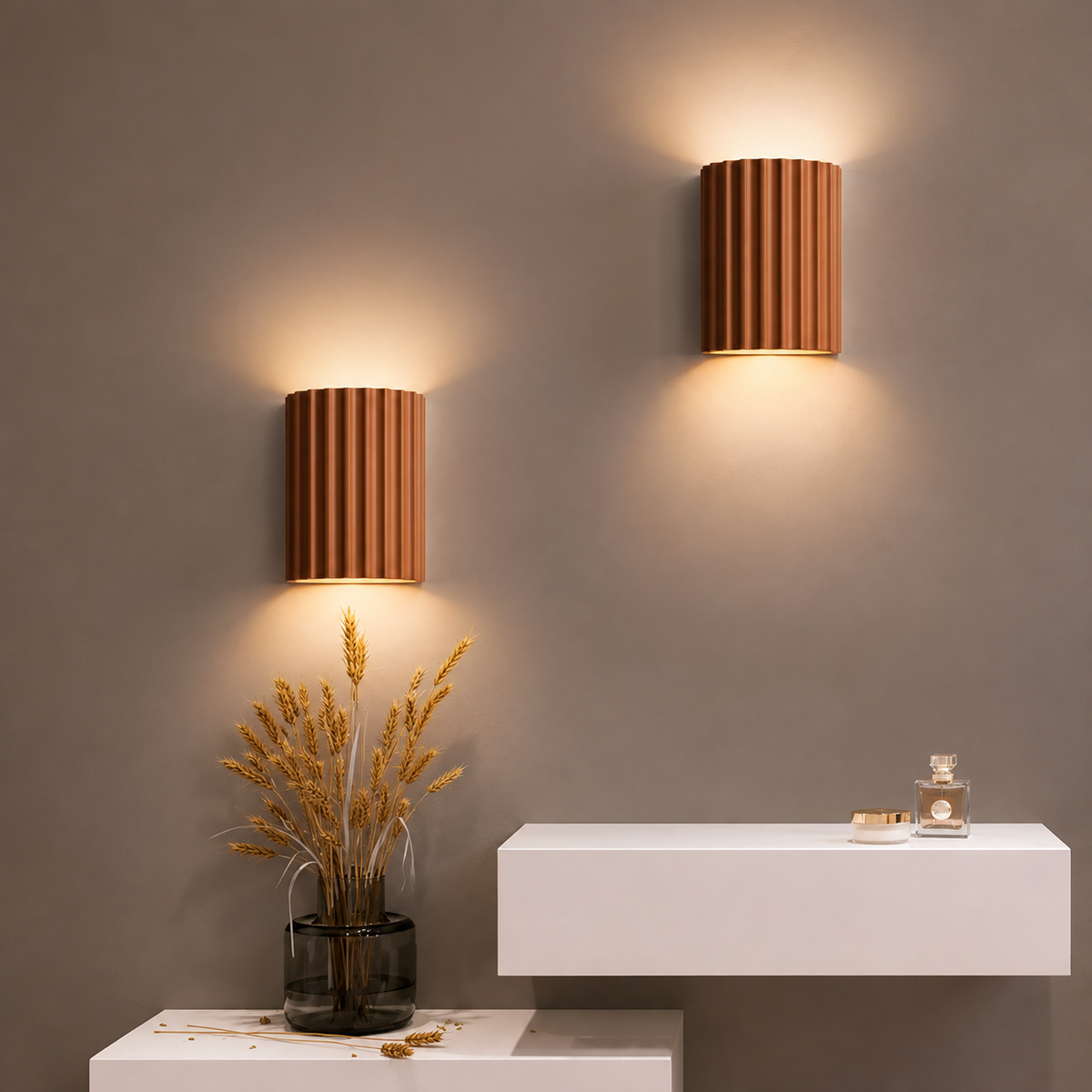 Fluted Resin Wall Light in Terracotta styled in a living room