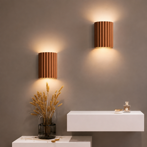 Fluted Resin Wall Light in Terracotta styled in a living room