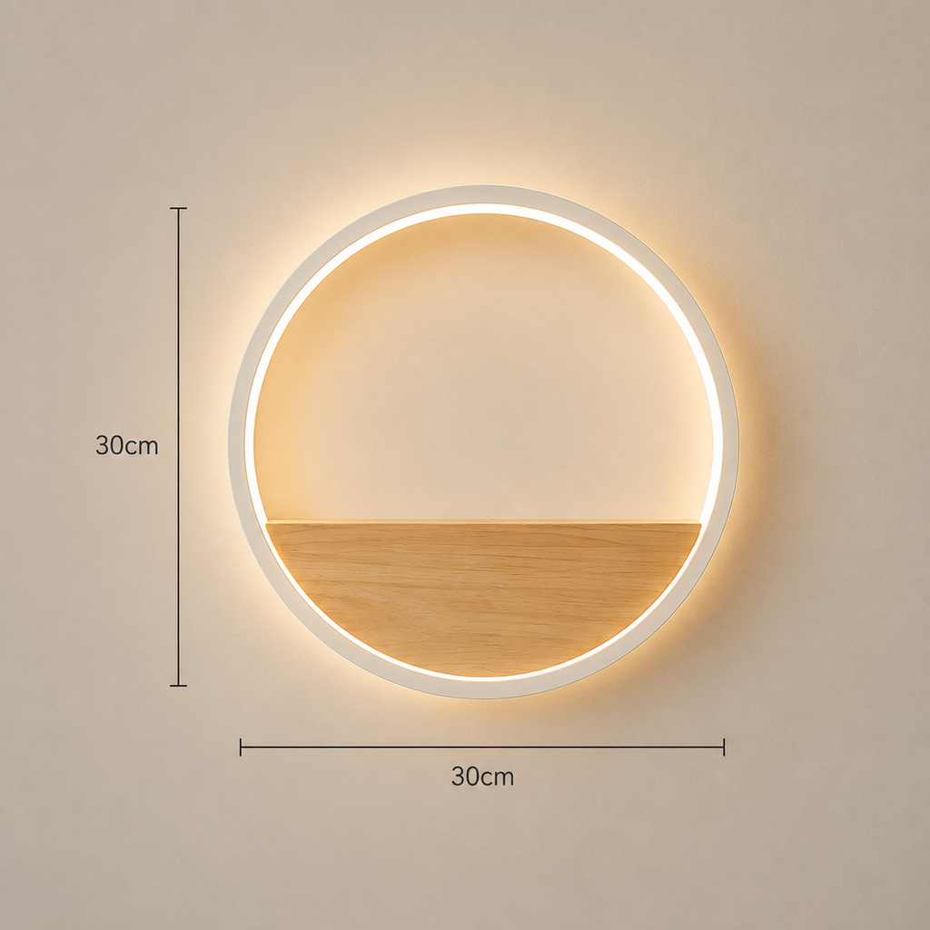 Circular LED Wall Light with Floating Shelf in White — 30cm x 30cm dimensions