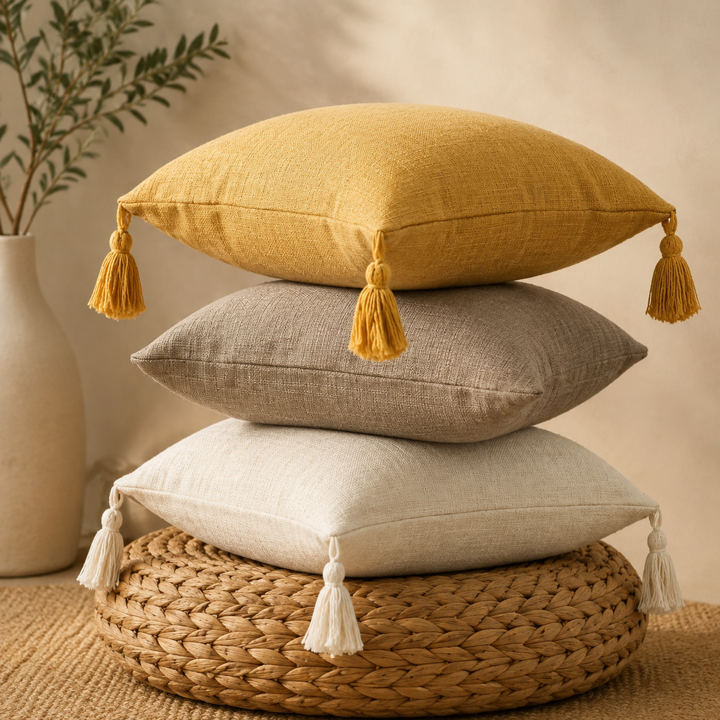 Japanese Linen Tassel Cushion Cover in Mustard Yellow, Silver Grey and Ivory White — stacked lifestyle shot