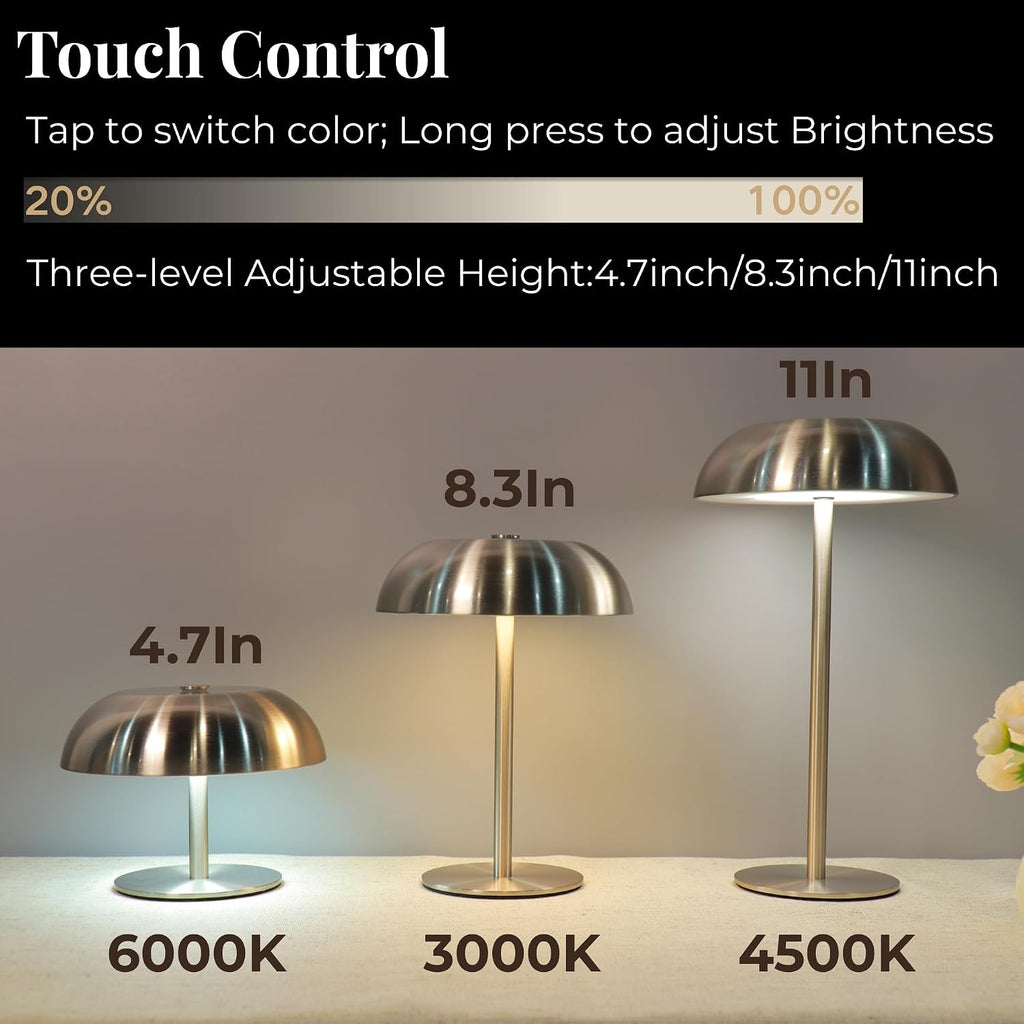 Stylish Cordless Gold Mushroom Table Lamp with Dimmable 3-Color LED and 5200mAh Rechargeable Battery
