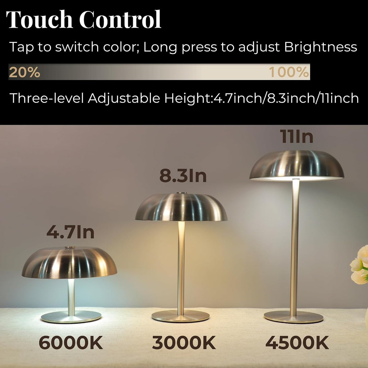 Stylish Cordless Gold Mushroom Table Lamp with Dimmable 3-Color LED and 5200mAh Rechargeable Battery