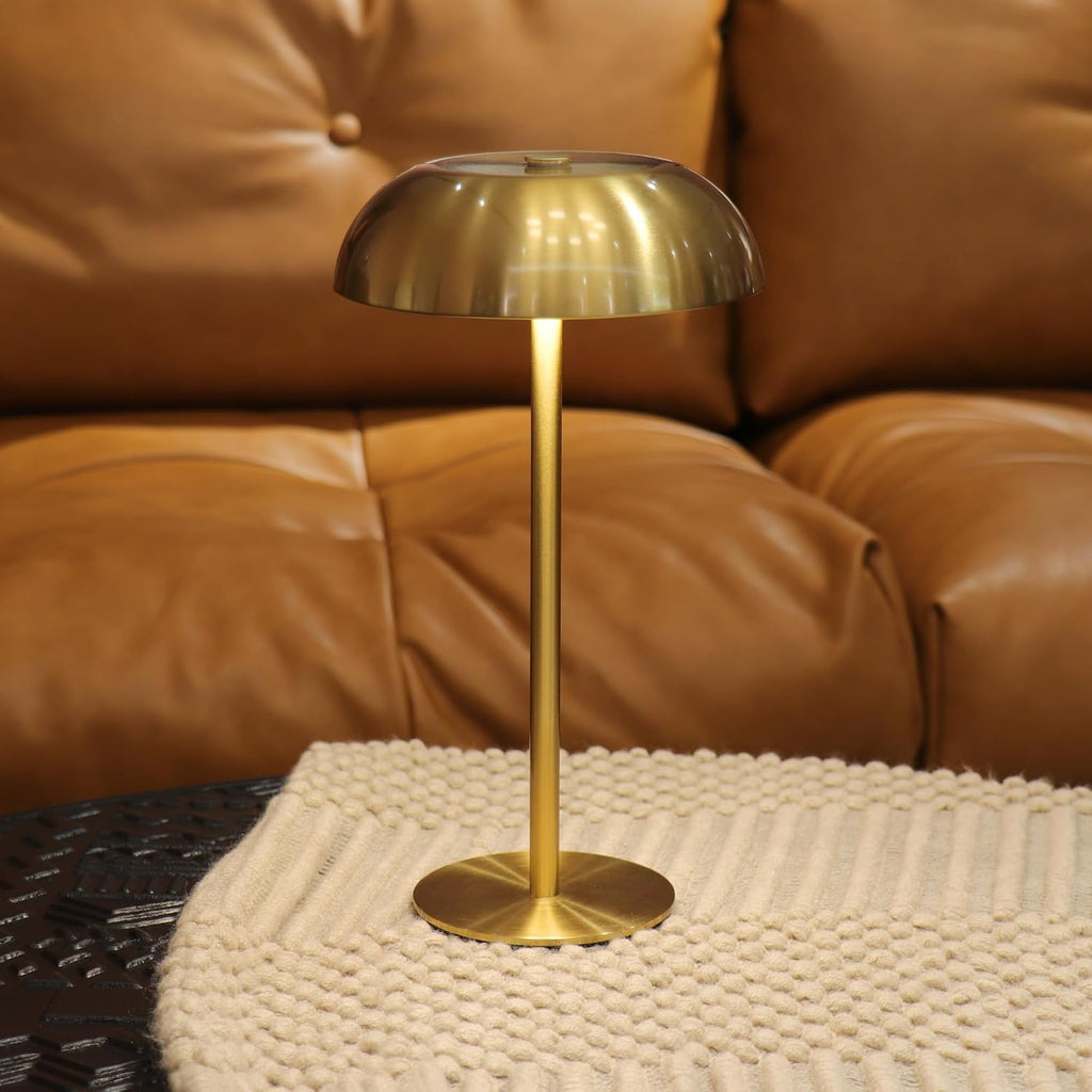 Stylish Cordless Gold Mushroom Table Lamp with Dimmable 3-Color LED and 5200mAh Rechargeable Battery