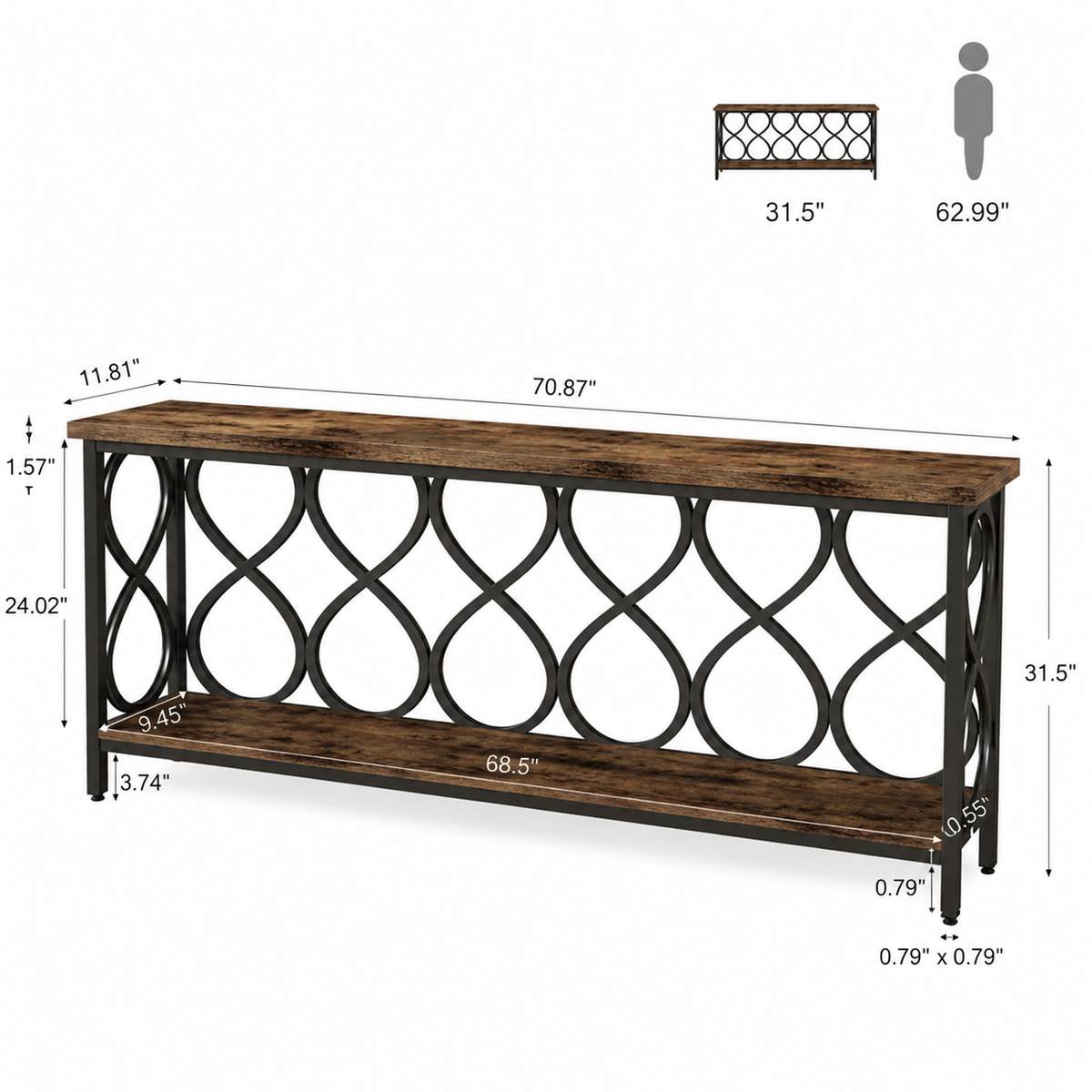 Ogee Arch Console Table dimensions diagram — 70.87 x 11.81 x 31.5 inches