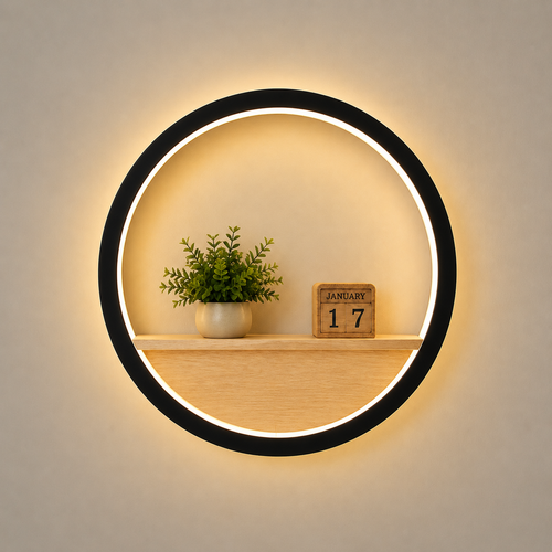 Circular LED Wall Light with Floating Shelf in Black — styled with plant and calendar