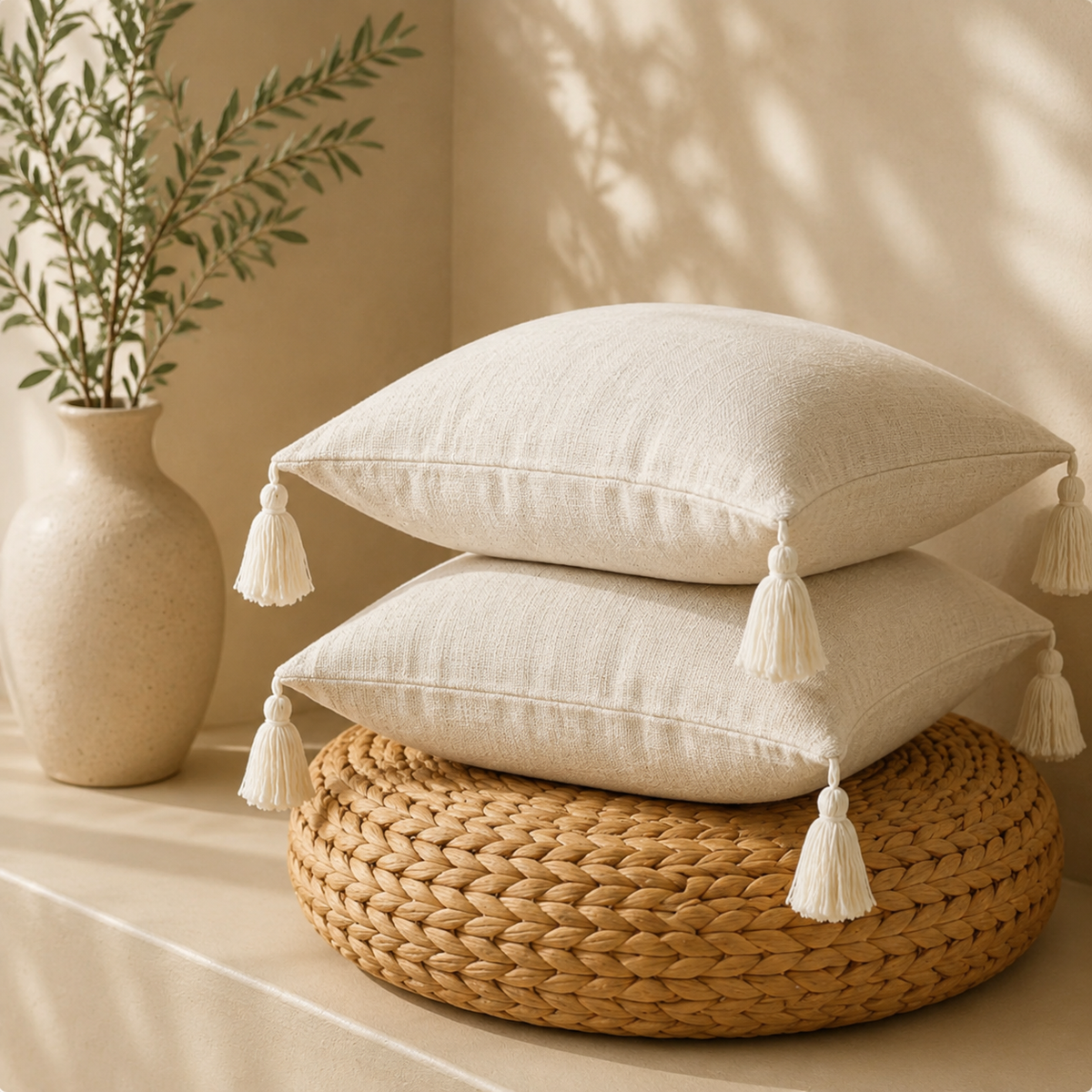 Japanese Linen Tassel Cushion Cover in Ivory White — two cushions stacked on rattan pouf