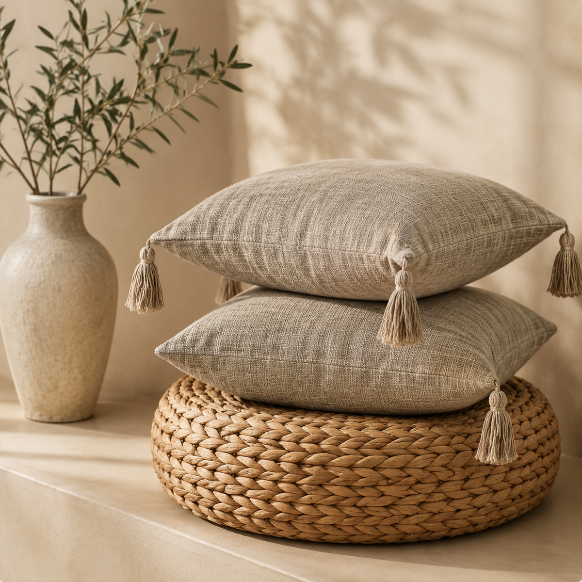 Japanese Linen Tassel Cushion Cover in Natural Linen — two cushions stacked on rattan pouf