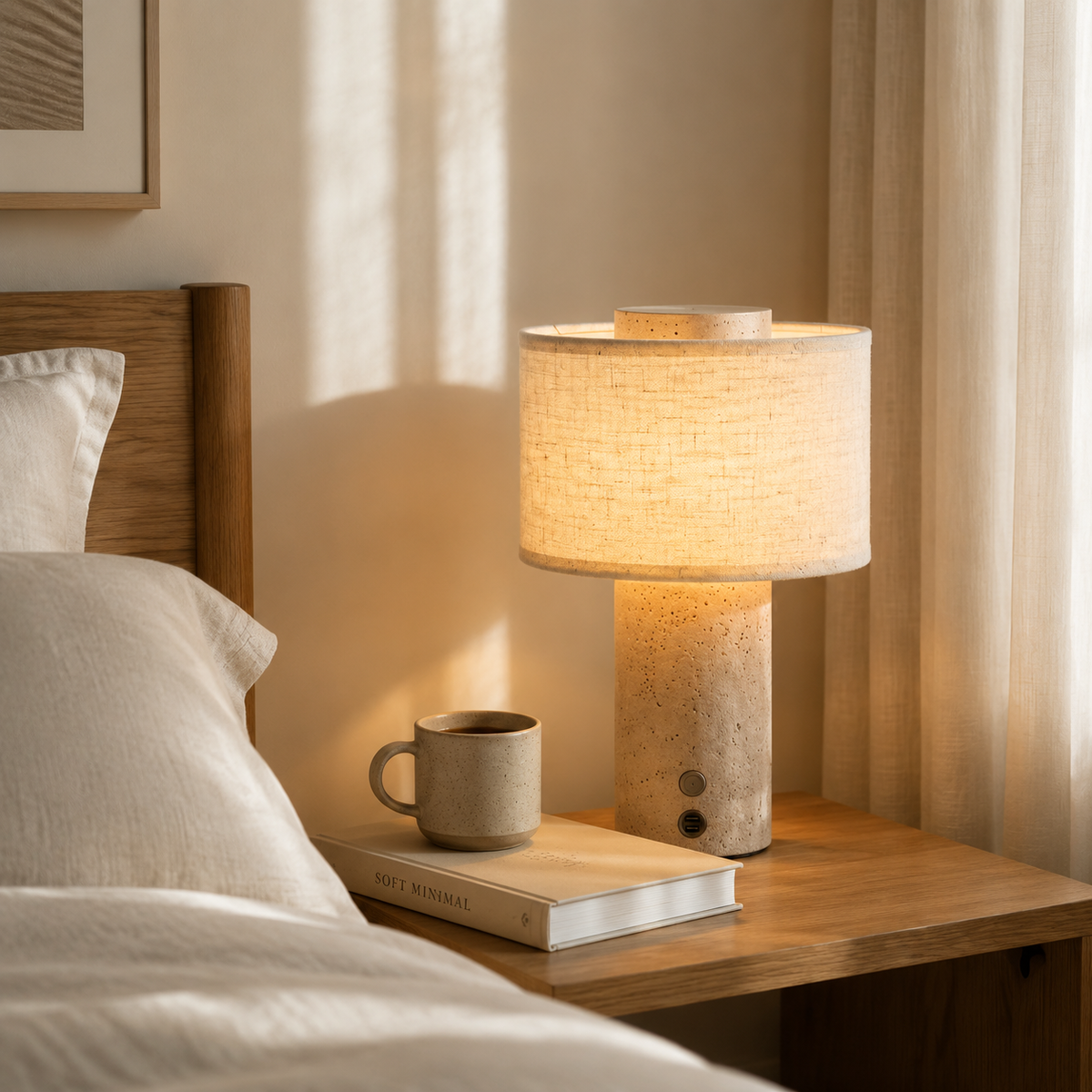 Nordic Travertine Table Lamp styled on a bedside table in a cozy bedroom