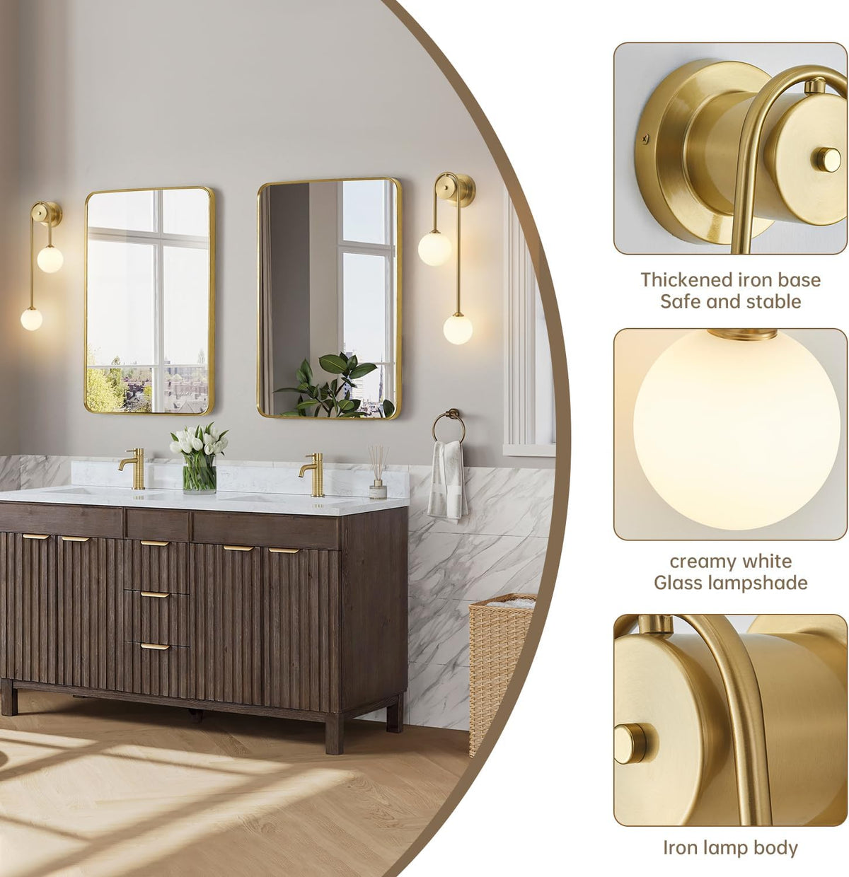 Golden Wall Lamp Double Ball, Mid-Century Modern Glass Wall Sconces,With G9 Tricolor Bulb for Living Room Bedroom Bedside Stairs Restaurant Bathroom Corridor Aisle Lighting(1Pack)