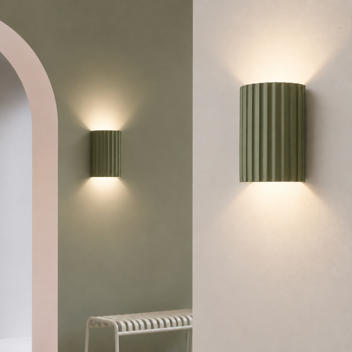Fluted Resin Wall Light in Sage Green styled in a hallway