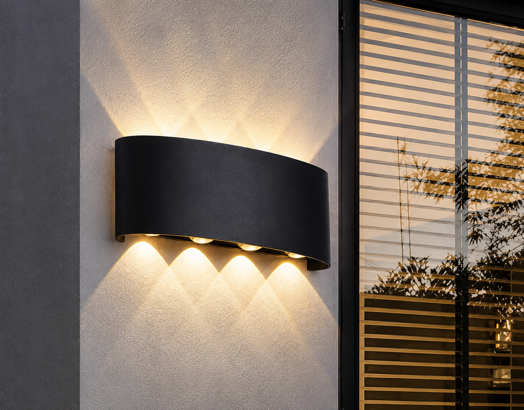Matte black LED wall sconce mounted outdoors casting warm up and down light