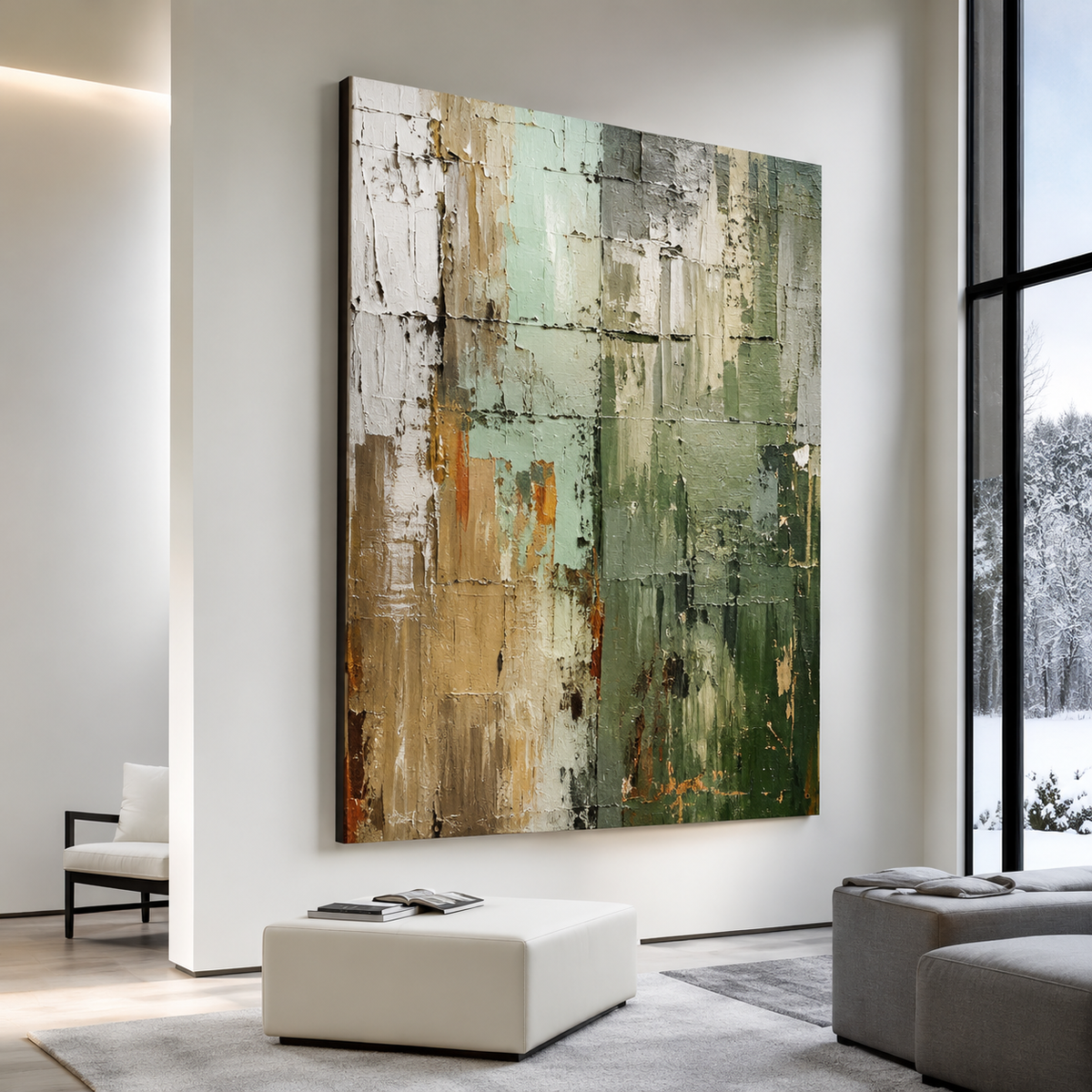 Large format abstract textured painting in sage green, taupe, ivory and gold tones displayed on a white wall in a modern luxury living room