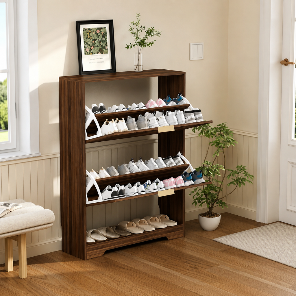 Walnut flip-door shoe cabinet with open compartments showing sneakers and slippers, styled with a framed print and vase on top in a bright entryway