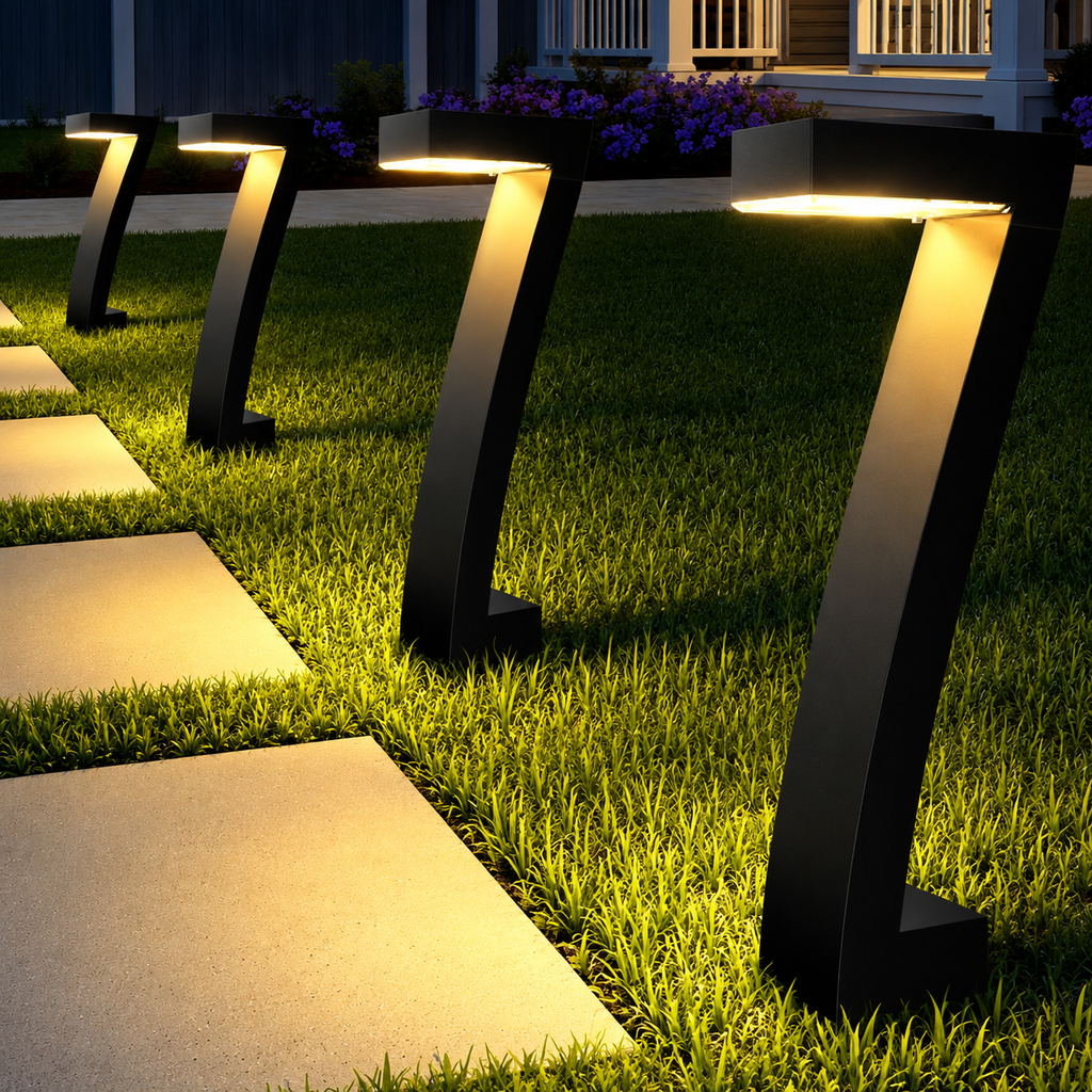Row of matte black angular solar LED pathway lights illuminating a garden walkway with warm golden light at dusk