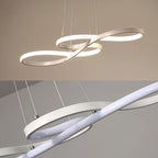 White music note LED pendant chandelier shown from below and close-up detail of the curved acrylic LED strip