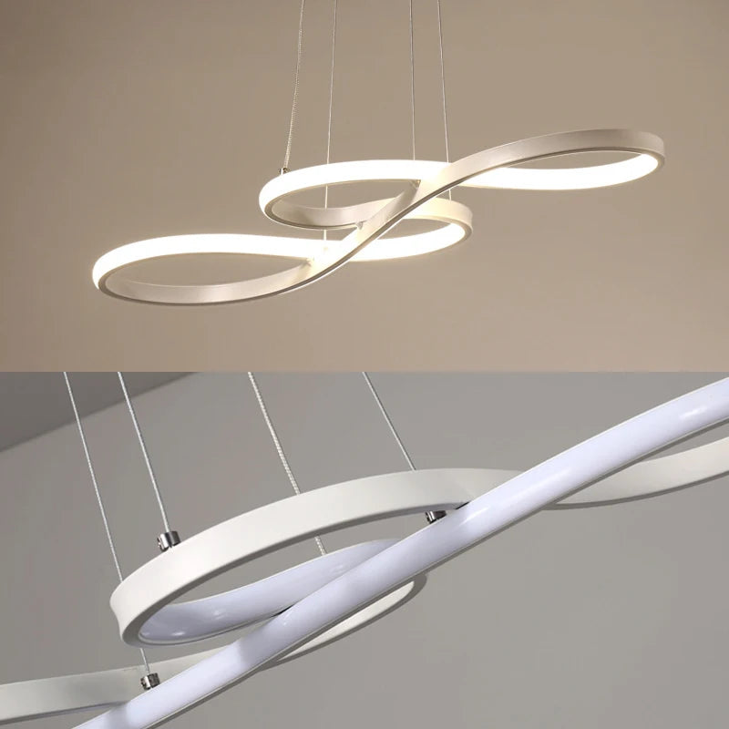 White music note LED pendant chandelier shown from below and close-up detail of the curved acrylic LED strip