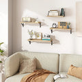 Three rustic wood floating shelves with black metal brackets styled with books, plants and decor in a modern living room
