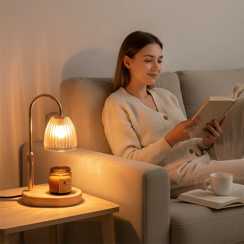Premium Glass Candle Warmer Lamp - lifestyle shot with woman reading beside lamp
