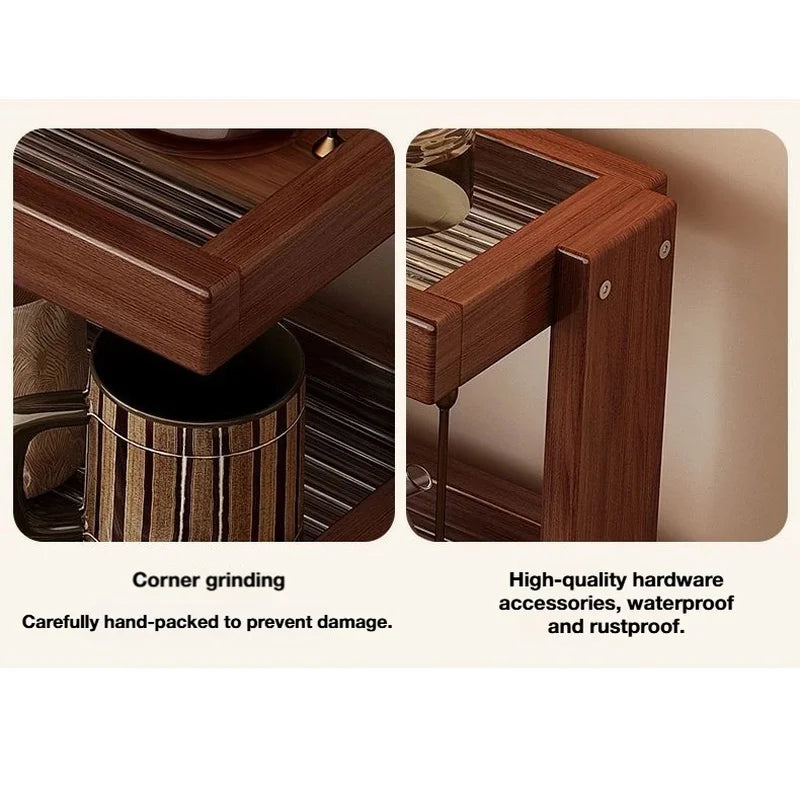 Three-tier wooden desktop organizer styled as a coffee station with mugs, jars and a coffee grinder on a warm yellow background