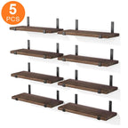 Set of 5 rustic dark walnut wood floating wall shelves with matte black metal brackets mounted on a white wall