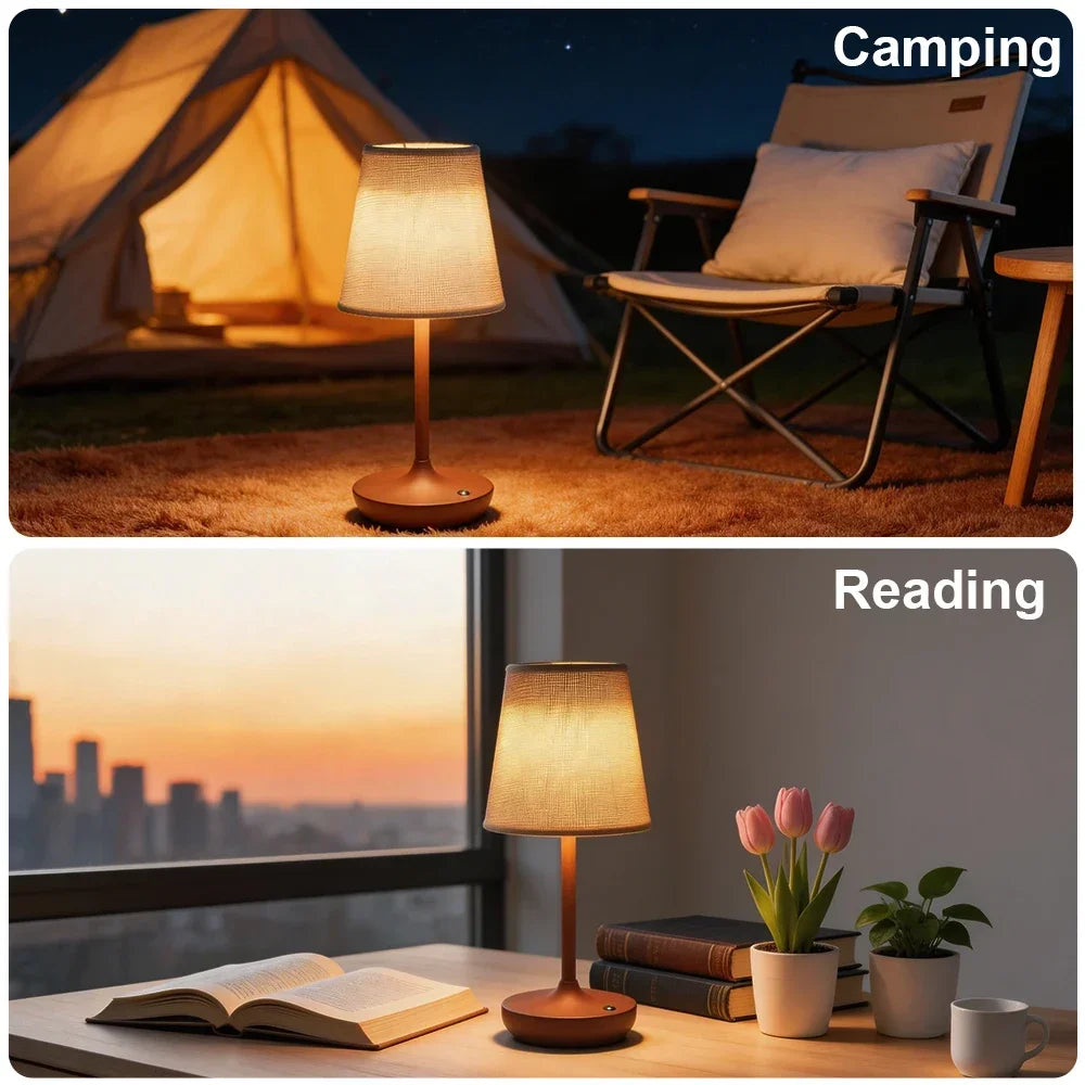 Wireless LED fabric table lamp used outdoors for camping and on a reading desk at sunset showing versatile portable use