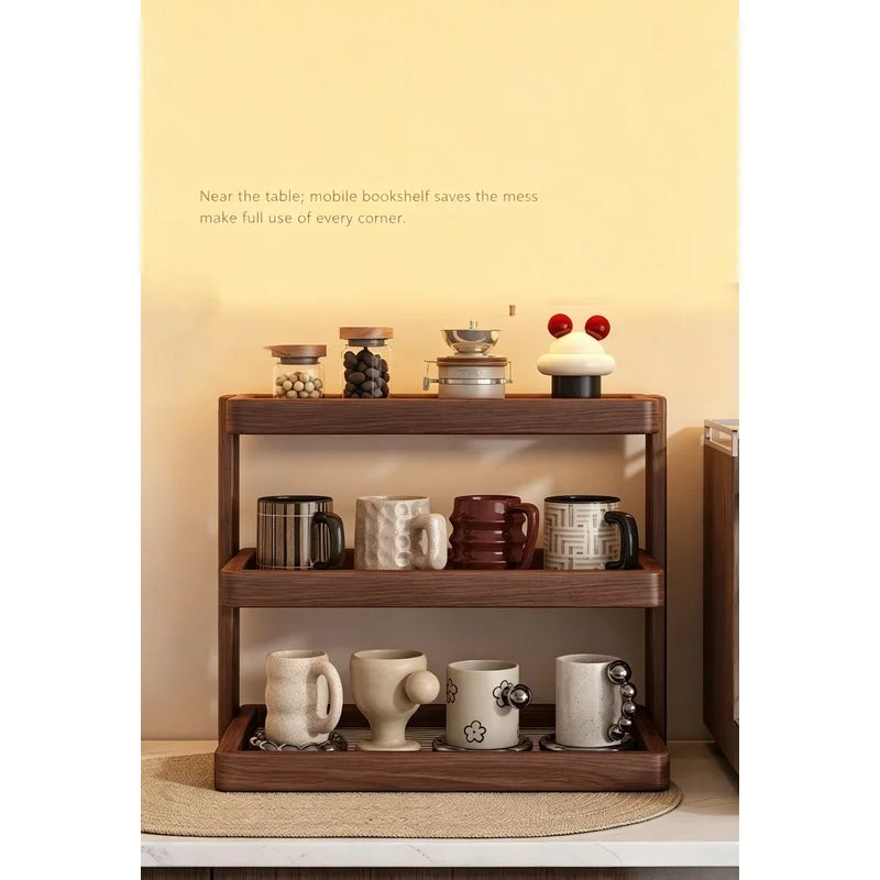 Two-tier and three-tier wooden coffee cup holder organizer showing wire shelf base with ceramic mugs and glass jars