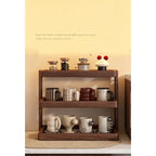 Two-tier and three-tier wooden coffee cup holder organizer showing wire shelf base with ceramic mugs and glass jars
