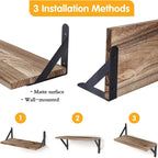 Rustic wood floating shelves with black brackets mounted in a bright kitchen displaying spices, dishes and pantry items