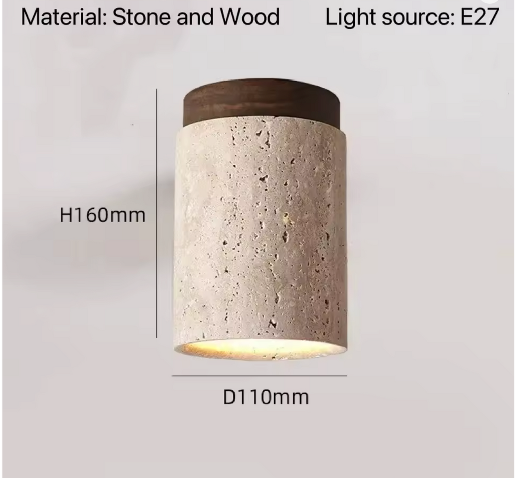 Travertine Stone & Wood LED Flush Mount Ceiling Light