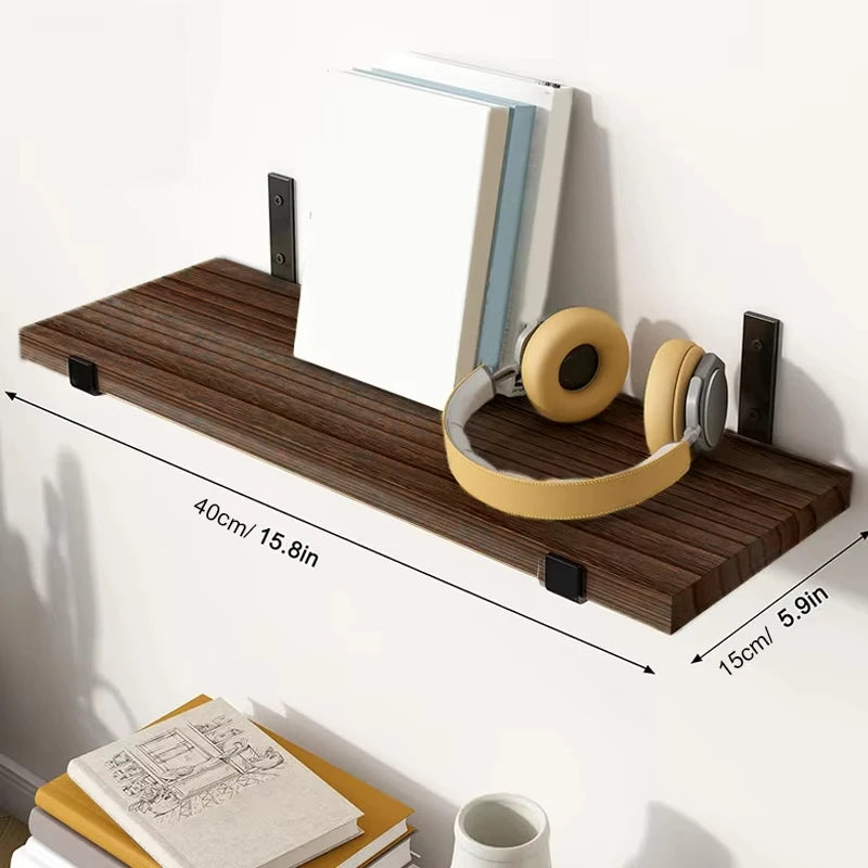 Single rustic floating shelf measuring 40cm x 15cm styled with headphones and books, showing dimensions