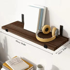 Single rustic floating shelf measuring 40cm x 15cm styled with headphones and books, showing dimensions
