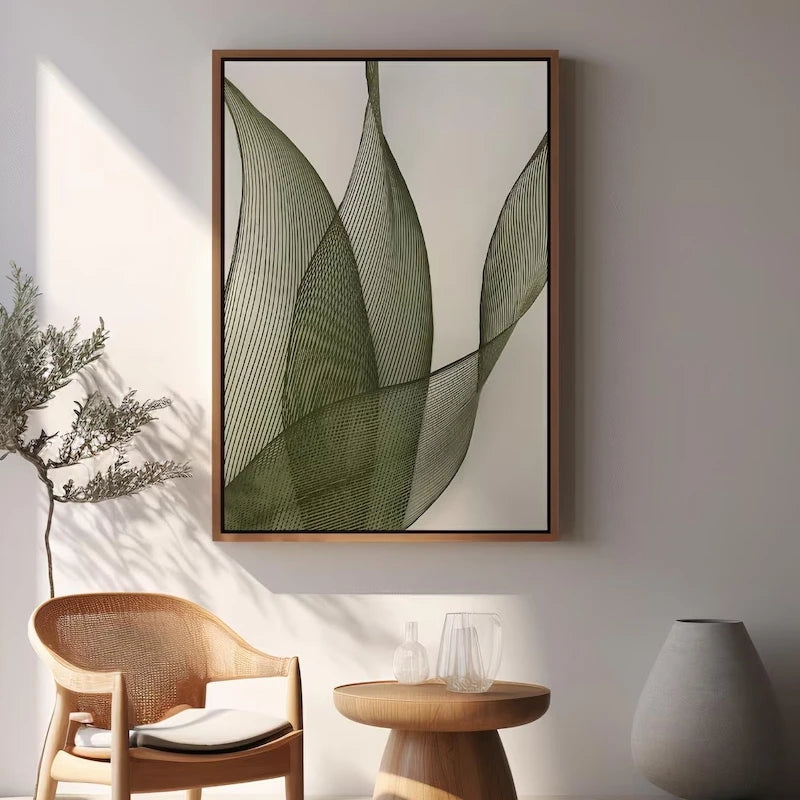 Minimalist botanical line art print in walnut frame displayed in a modern neutral living room with rattan chair