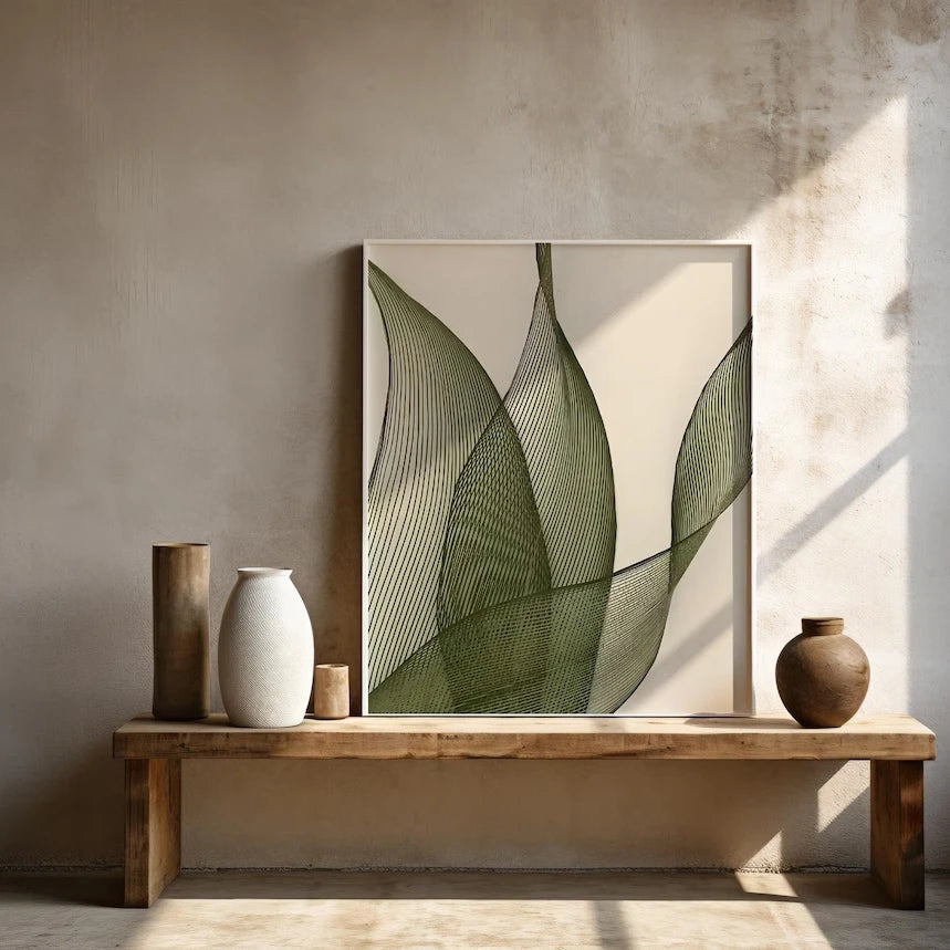 Minimalist botanical line art print in white frame on a rustic wooden console table with ceramic vases