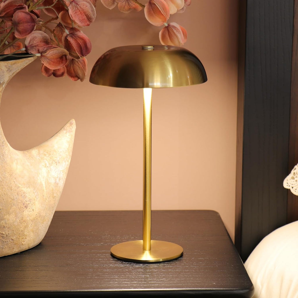 Stylish Cordless Gold Mushroom Table Lamp with Dimmable 3-Color LED and 5200mAh Rechargeable Battery