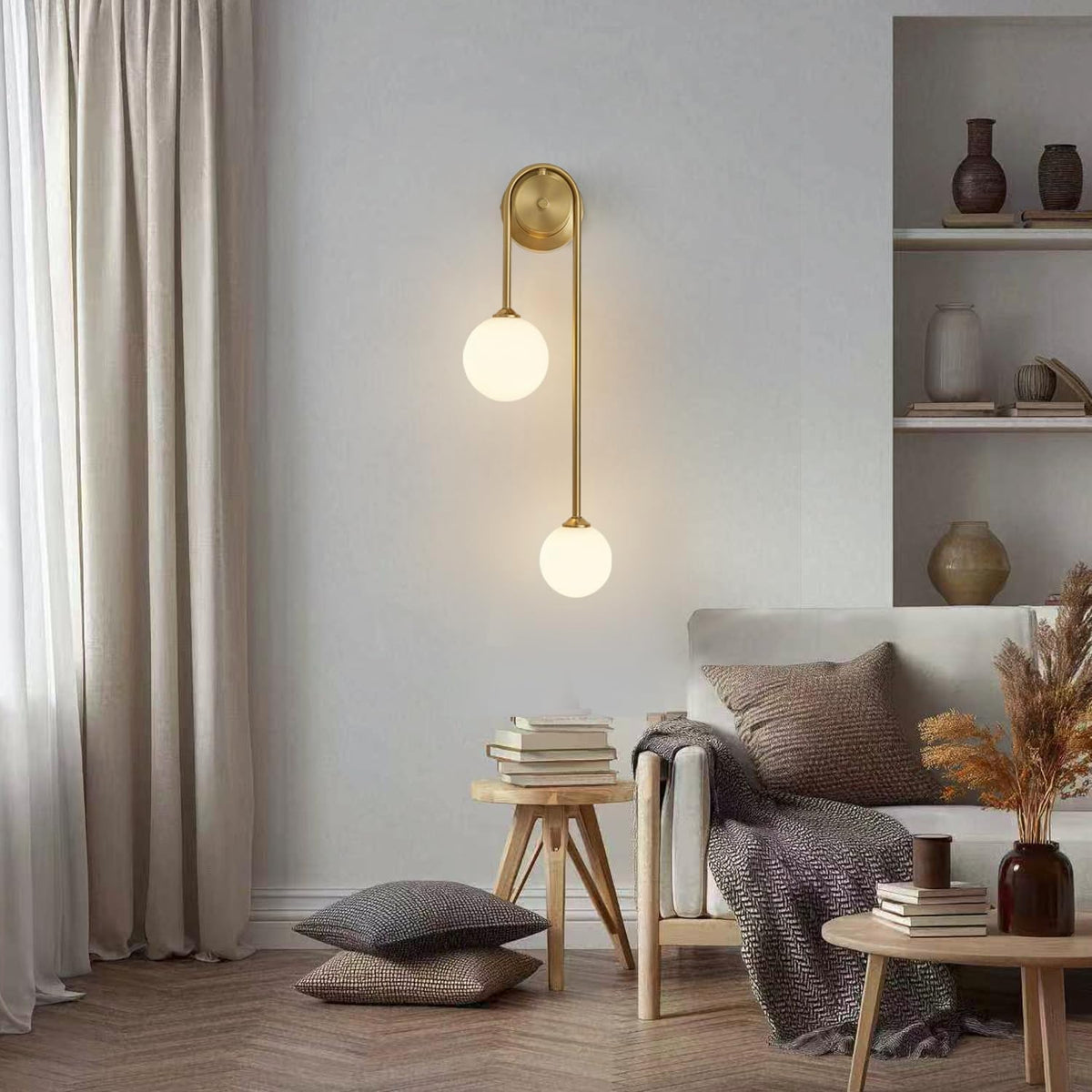Golden Wall Lamp Double Ball, Mid-Century Modern Glass Wall Sconces,With G9 Tricolor Bulb for Living Room Bedroom Bedside Stairs Restaurant Bathroom Corridor Aisle Lighting(1Pack)
