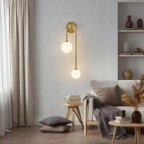 Golden Wall Lamp Double Ball, Mid-Century Modern Glass Wall Sconces,With G9 Tricolor Bulb for Living Room Bedroom Bedside Stairs Restaurant Bathroom Corridor Aisle Lighting(1Pack)
