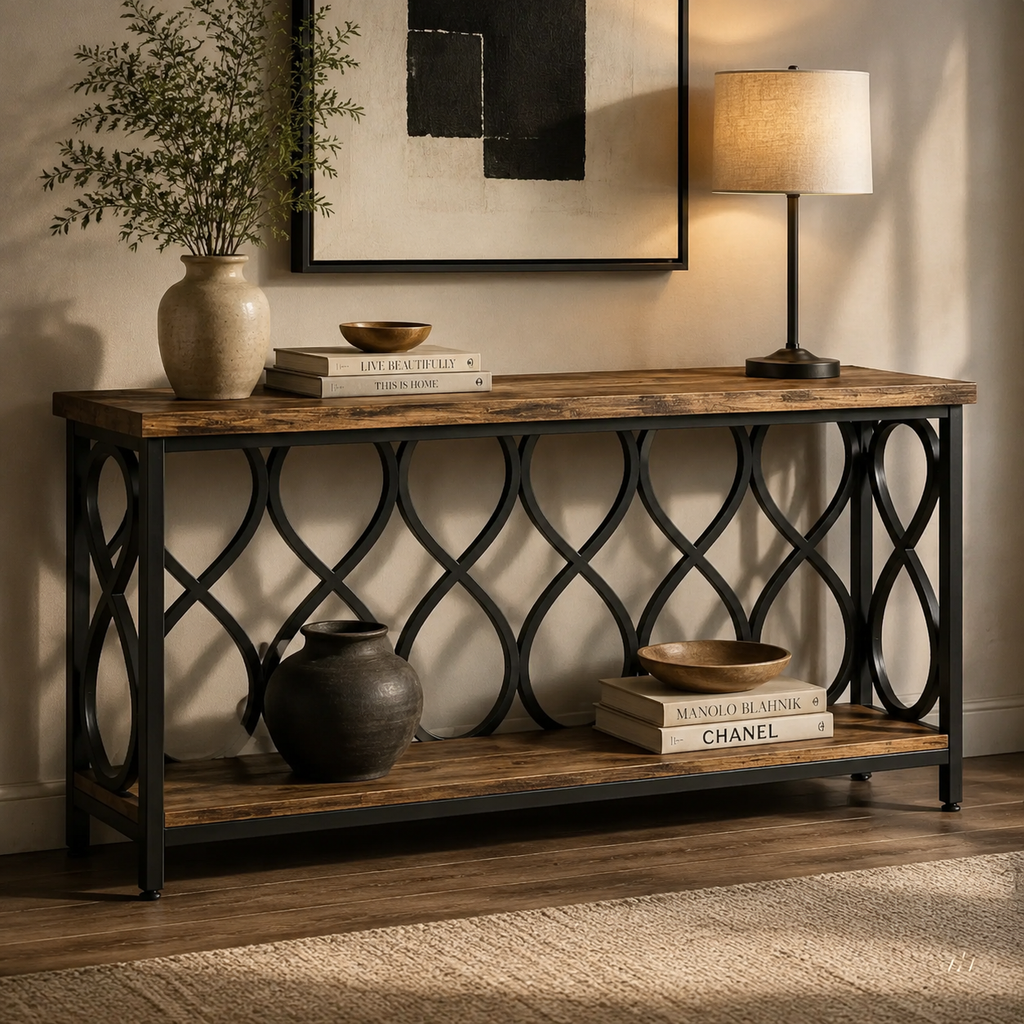 Ogee Arch Console Table styled in a modern luxury entryway with vase, lamp and art