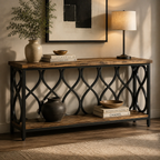 Ogee Arch Console Table styled in a modern luxury entryway with vase, lamp and art