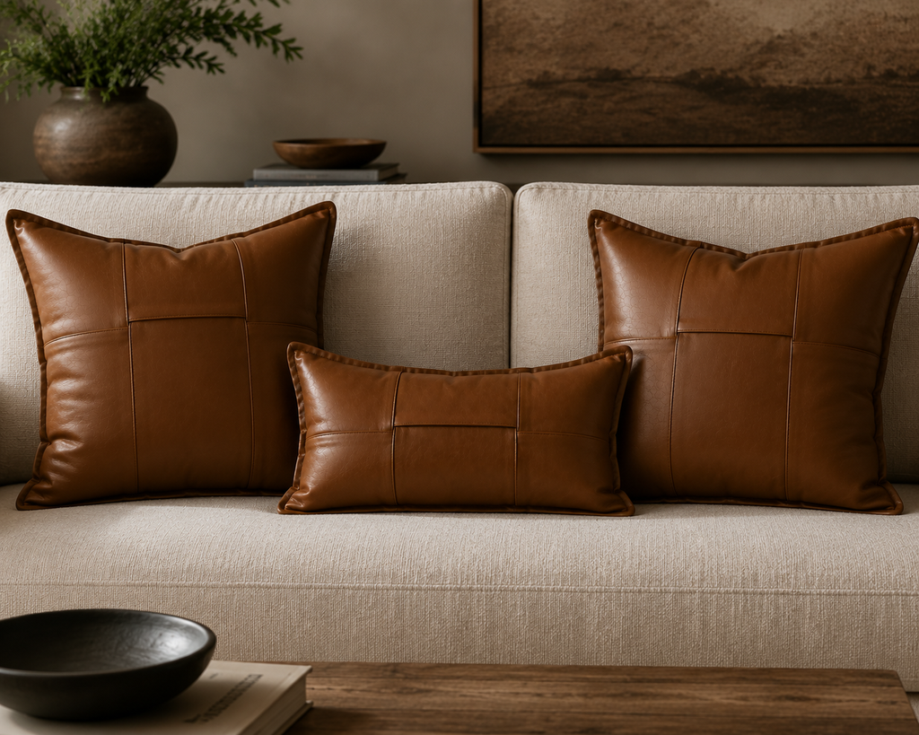 Woven leather pillow set styled on cream sofa – lumbar and square sizes in cognac