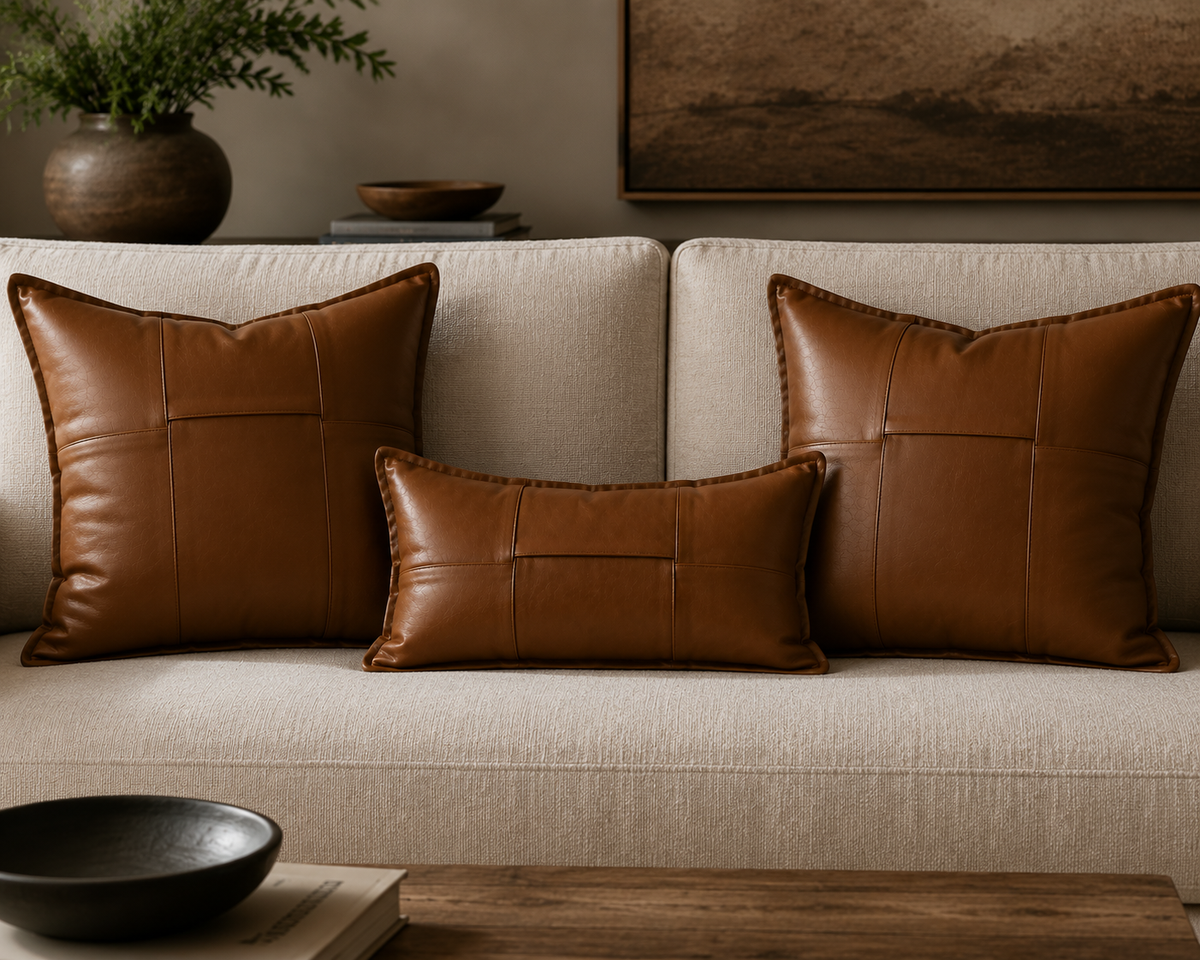 Woven leather pillow set styled on cream sofa – lumbar and square sizes in cognac