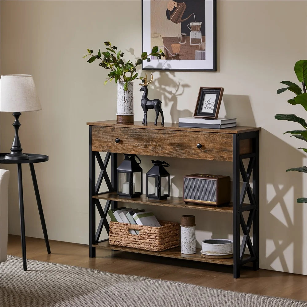 Stylish Rustic Brown 2-Tier X-Design Console Table for Entryway – Perfect Storage Solution!