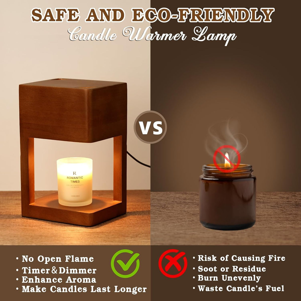 Elegant Dimmable Candle Warmer Lamp in Wood Finish - Perfect for Cozy Nights and Special Occasions with Timer Function and Two 35 Watt Bulbs