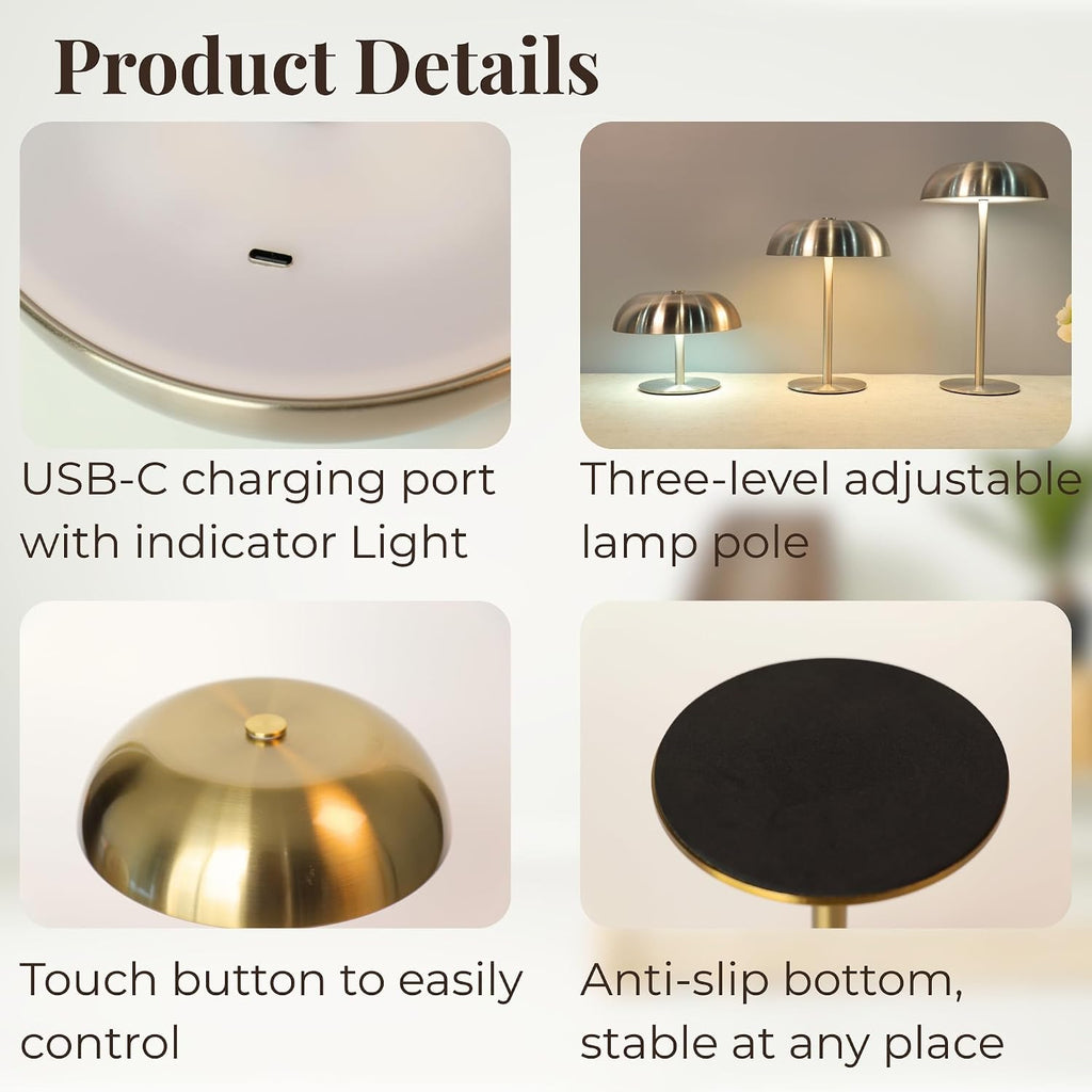 Stylish Cordless Gold Mushroom Table Lamp with Dimmable 3-Color LED and 5200mAh Rechargeable Battery